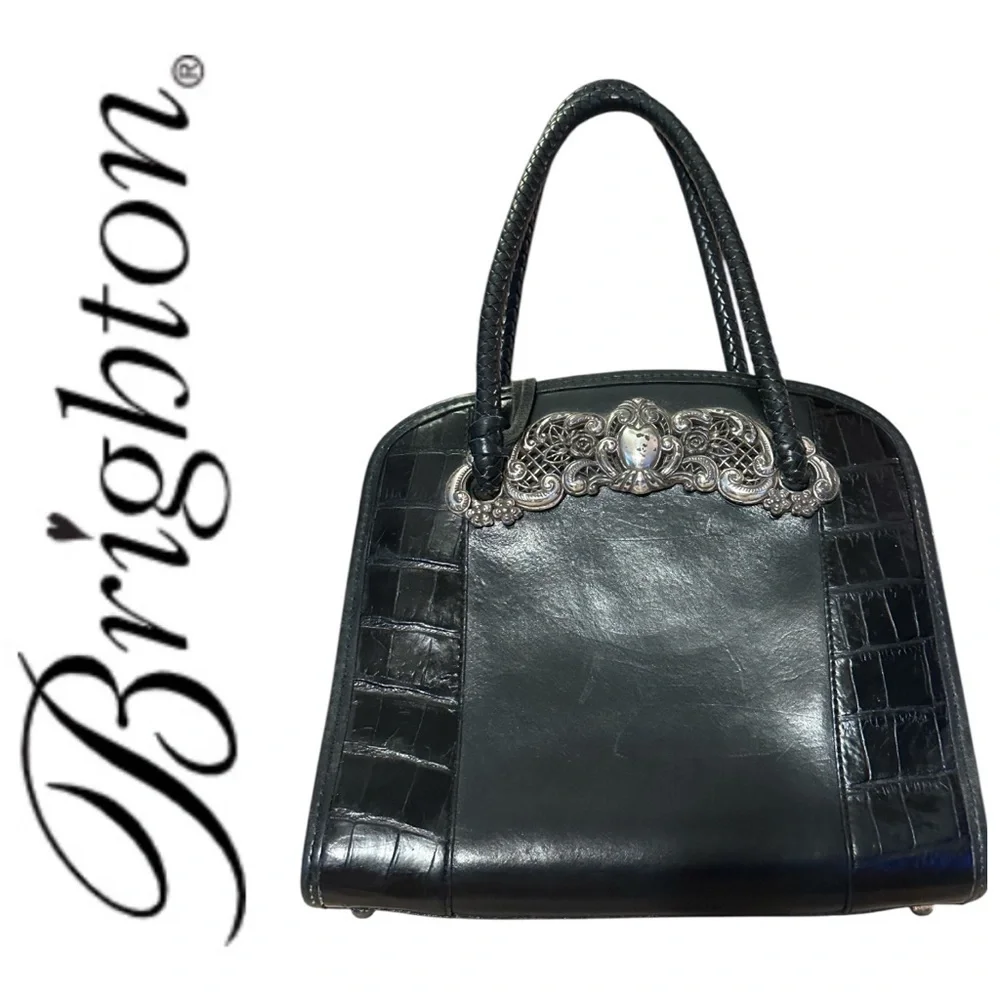 Brighton Black Leather Handbag with Silver Plated Accents EUC